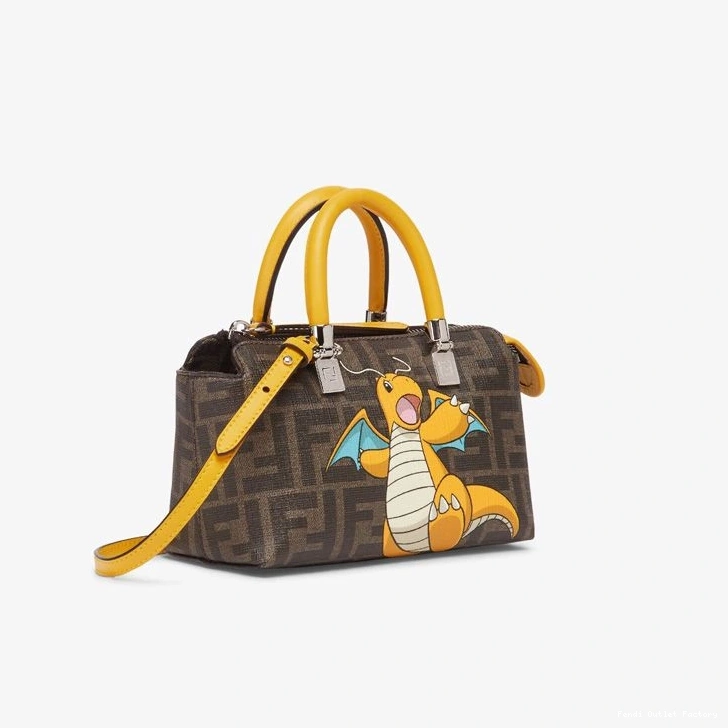 Affordable HOT Mini Way Dragon Fabric Pokmon FF By Fendi Boston In Brown The Bag Motif Yellow 0729